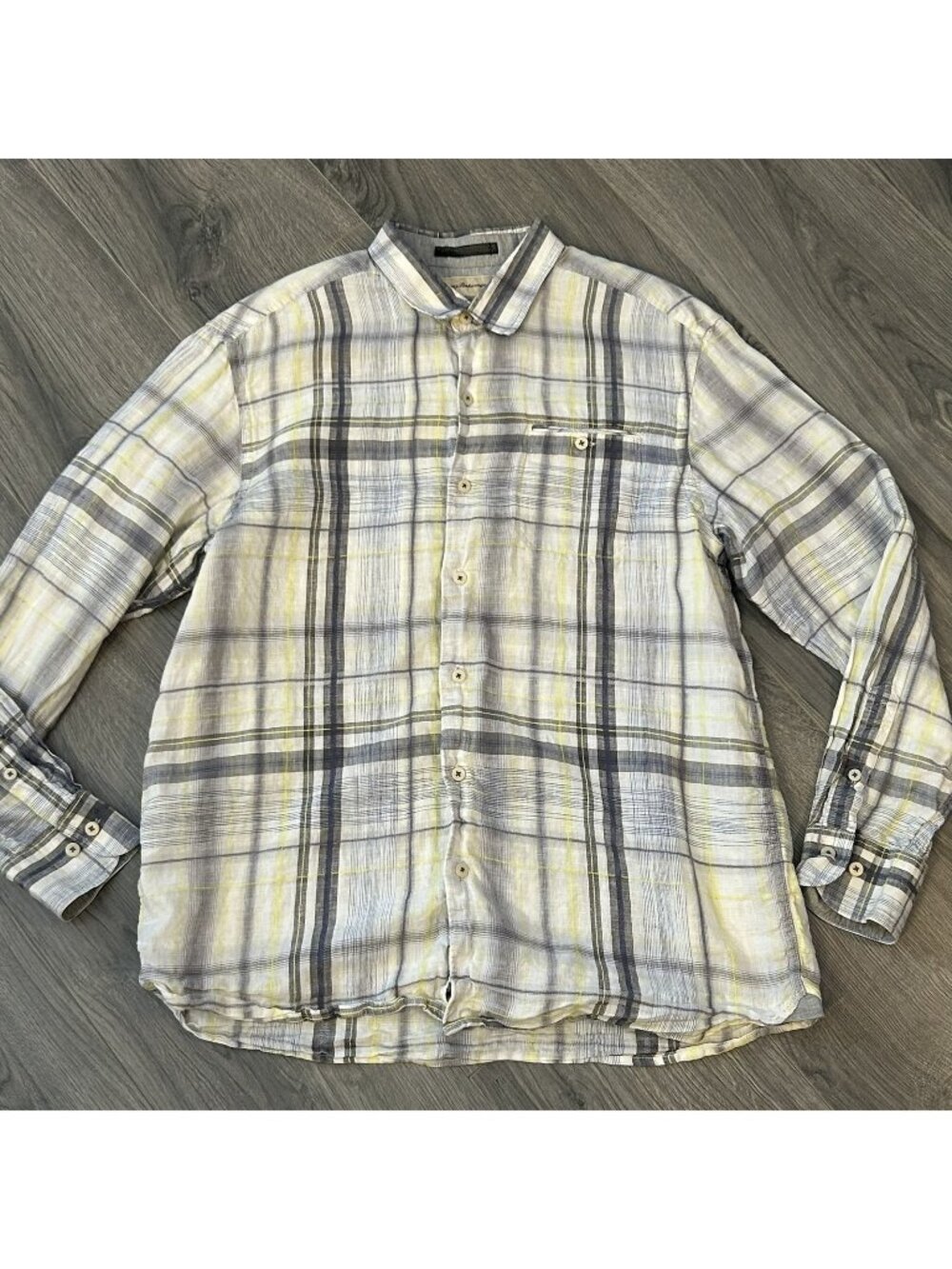 Tommy Bahama Shirt Mens M Gray Plaid Linen Island Modern Fit Button Up Casual